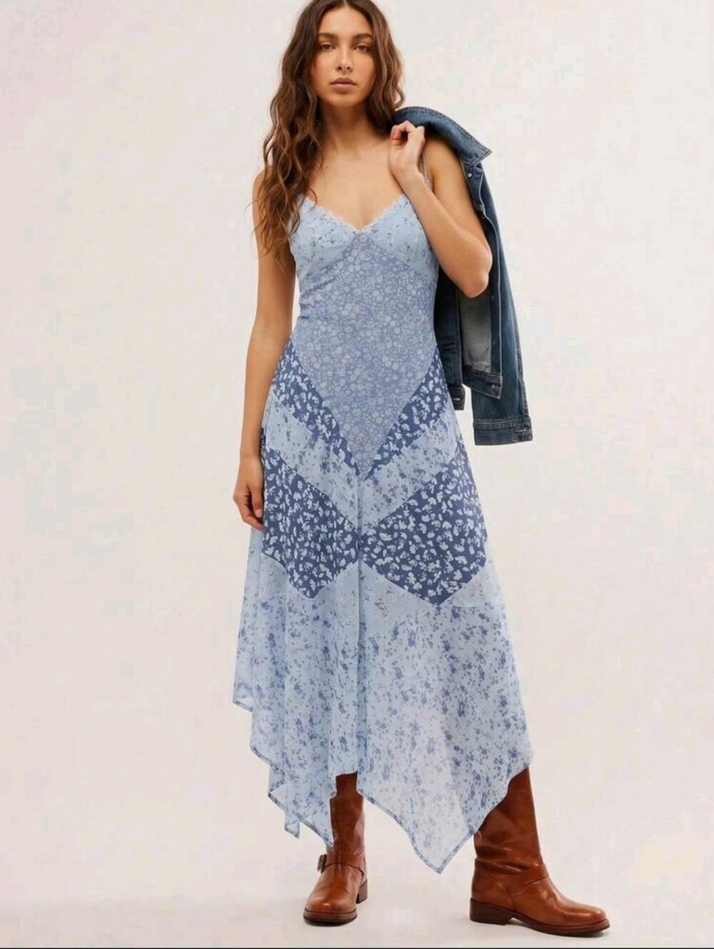 Music Festival Spaghetti Strap Cinched Waist Floral Patchwork A